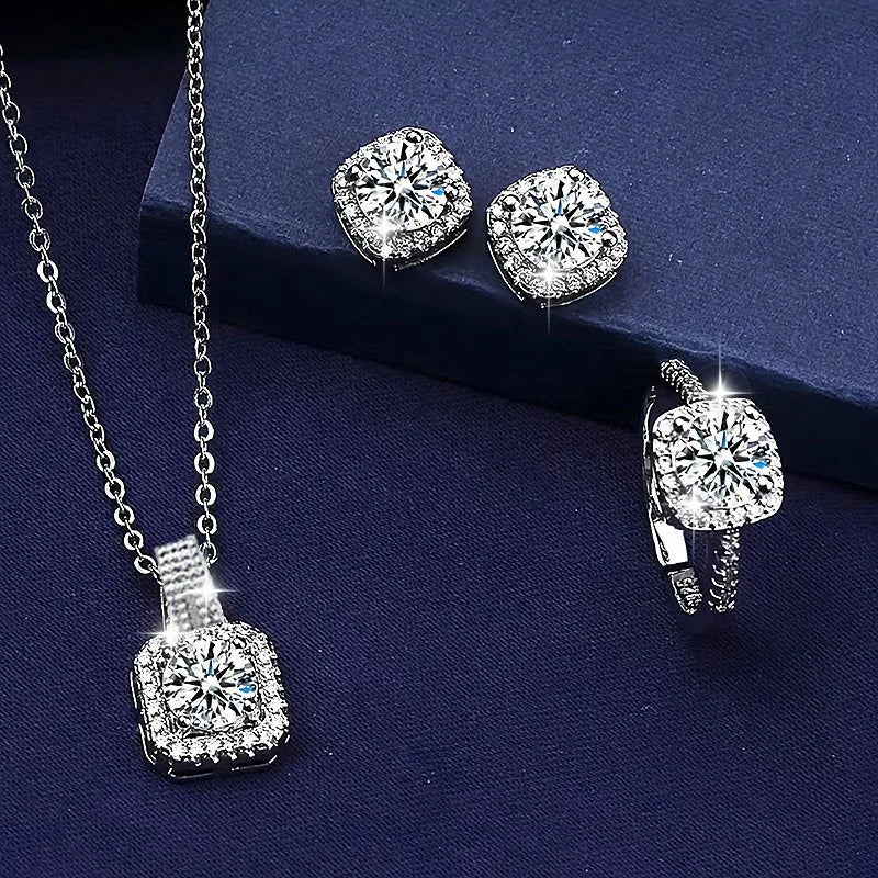 Luxuriöses 3-teiliges Schmuckset einer bekannten Marke für Damen, bestehend aus einer Halskette und Ohrringen mit brillantem geometrischem quadratischem Zirkonia, Ringen und einem Anhänger; ein modisches Schmuckset, perfekt als Geburtstagsgeschenk.