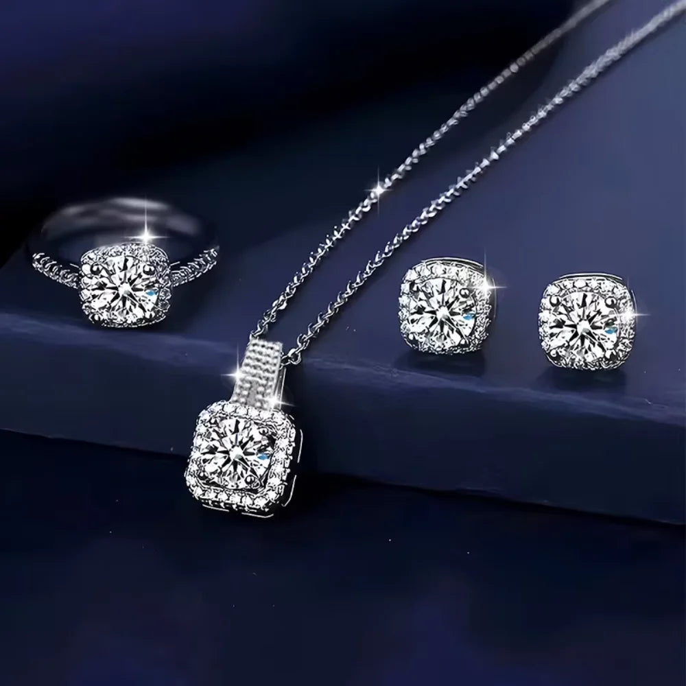 Luxuriöses 3-teiliges Schmuckset einer bekannten Marke für Damen, bestehend aus einer Halskette und Ohrringen mit brillantem geometrischem quadratischem Zirkonia, Ringen und einem Anhänger; ein modisches Schmuckset, perfekt als Geburtstagsgeschenk.