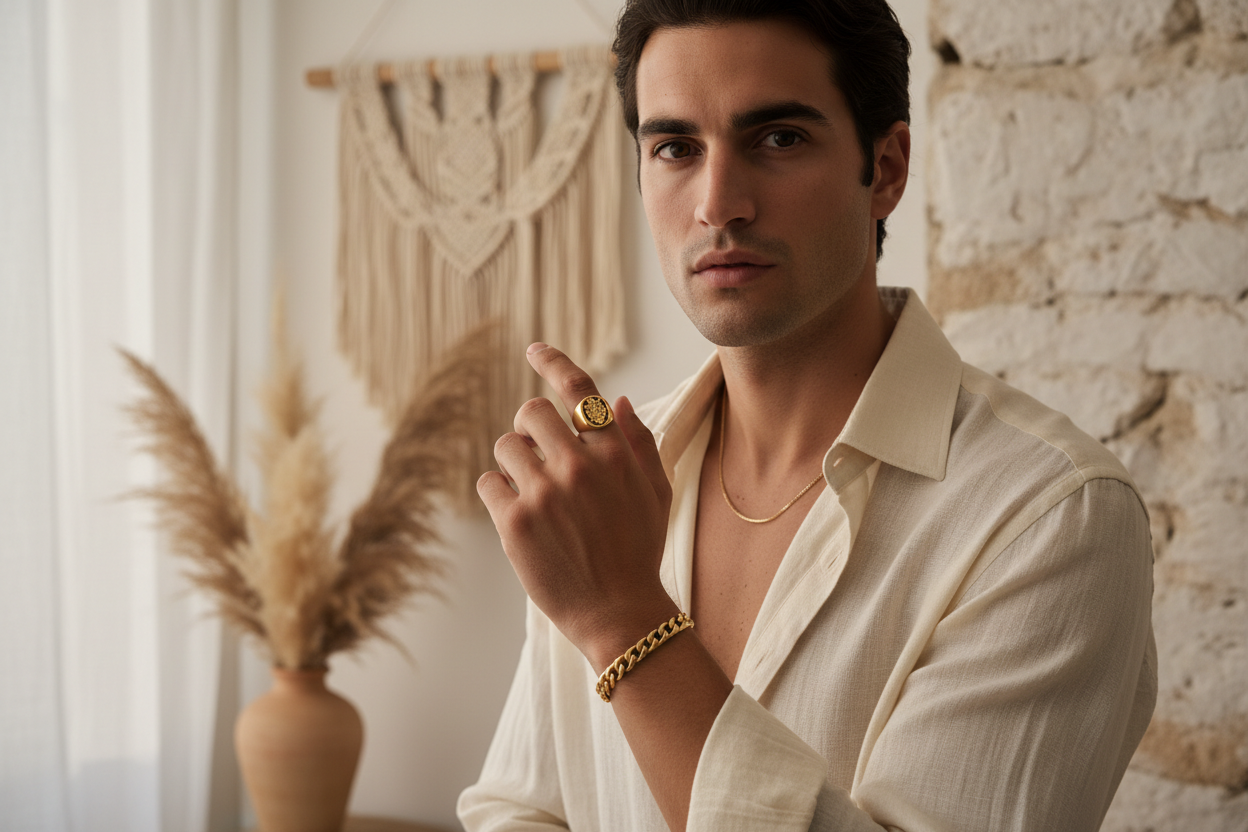 genere moi une photo de mannequin homme typer italien qui porte des bijoux comme chevalière et gourmette ainsi qu'une chaine en respectant mon theme epurer et boheme